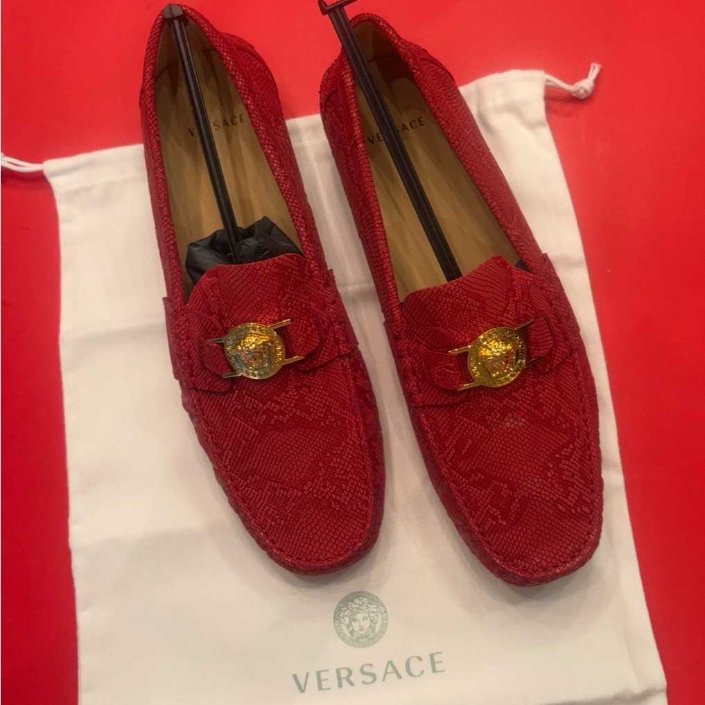Authentic Versace Red Textured Loafers With Gold Medusa Emblem